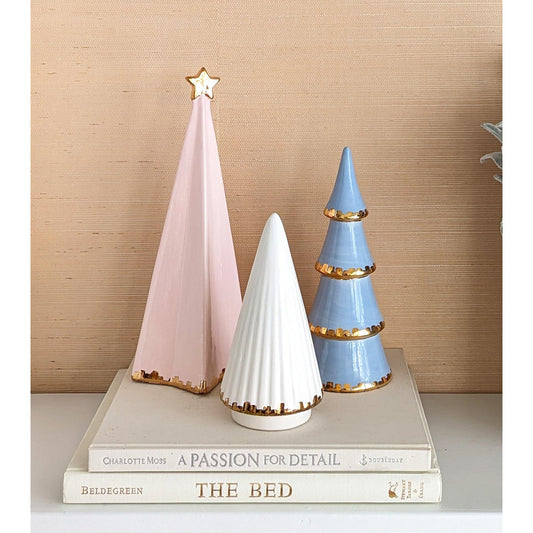 White Fluted Christmas Trees with 22K Gold Brushstroke Accent