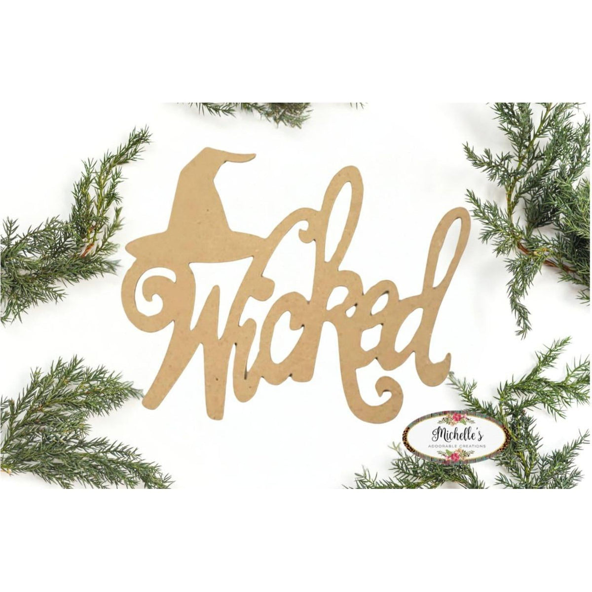 Wicked Script Wood Cutout with Witch Hat - Unfinished Wood