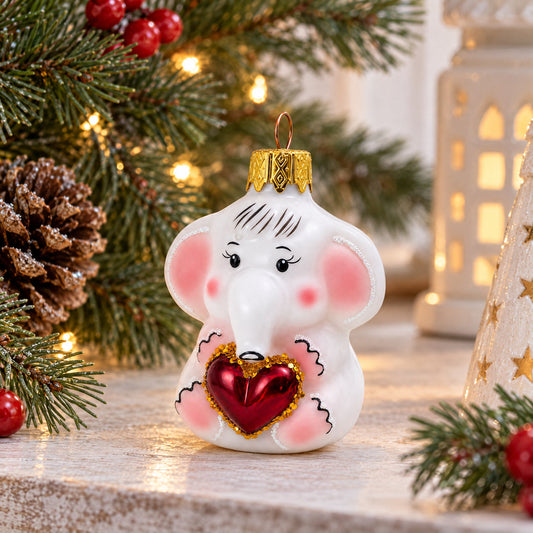 White Elephant with Red Heart Mini Glass Christmas Ornament
