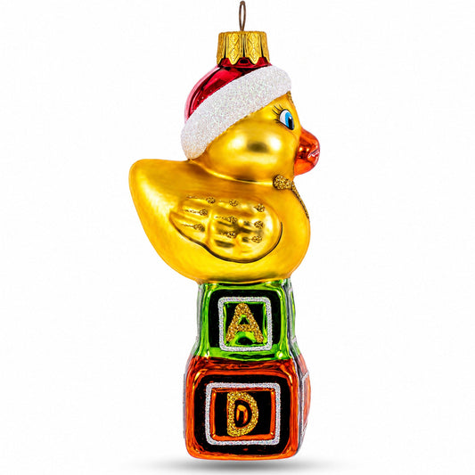 Yellow Duck in Santa Hat on Letter Blocks Glass Christmas Ornament