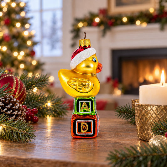 Yellow Duck in Santa Hat on Letter Blocks Glass Christmas Ornament