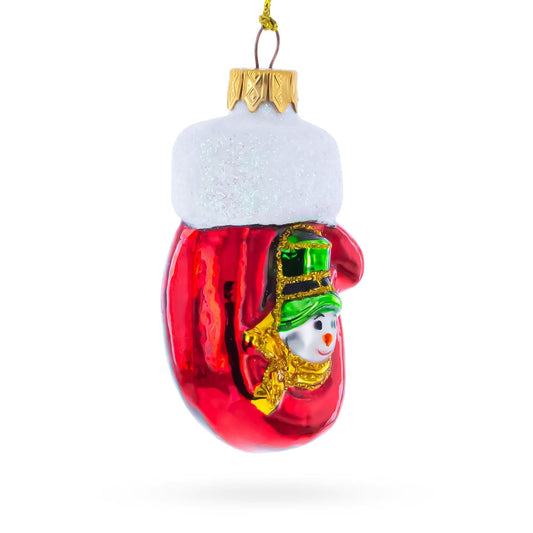Red Mitten with Snowman Glass Christmas Ornament