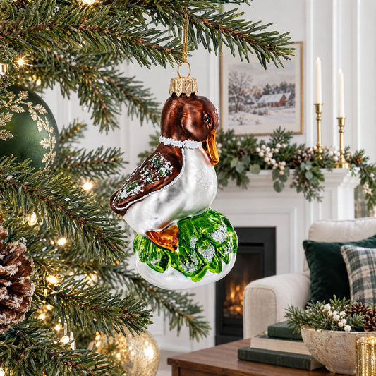 Brown Headed Duck on Grass Glass Christmas Ornament