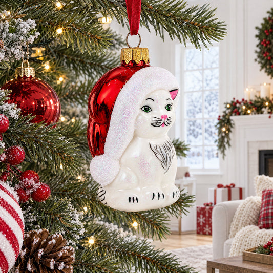 White Cat In Santa Hat Glass Christmas Ornament