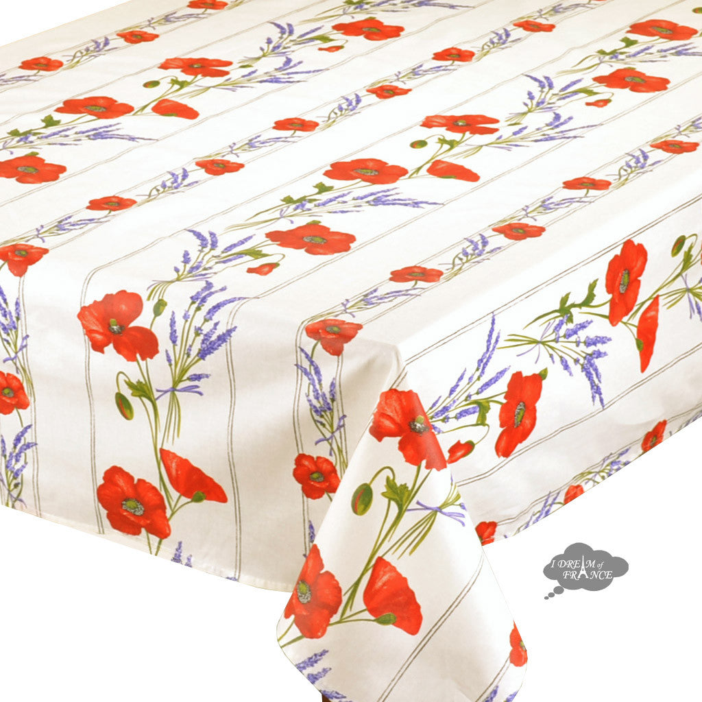 French Provencal tablecloth - Acrylic coated cotton, Spill-proof - 58" square - Poppies ivory | Tissus Toselli