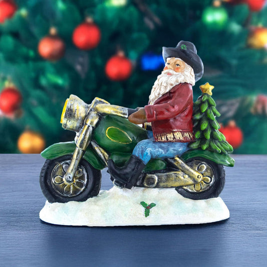 Cowboy Santa Riding Motorcycle LED Figurine - 8.5" Resin Christmas Decor