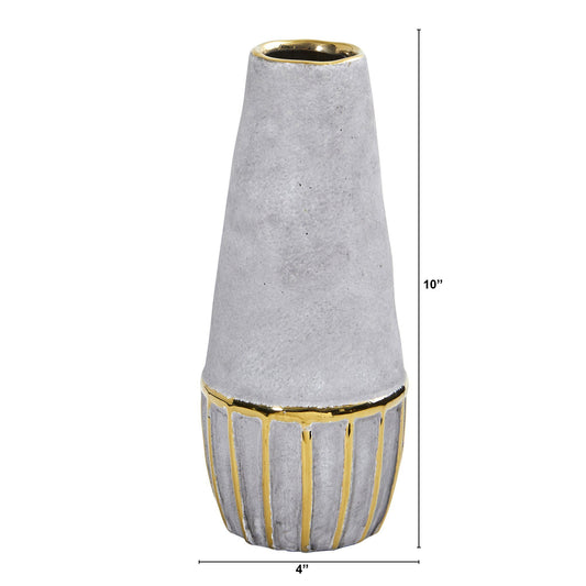 a tall vase with a gold rim