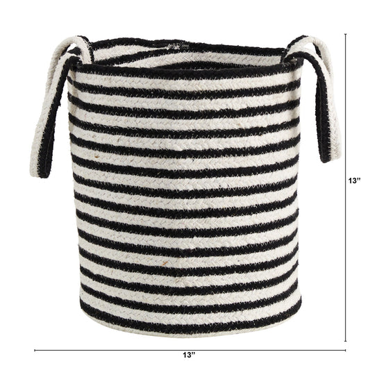 a black and white striped basket