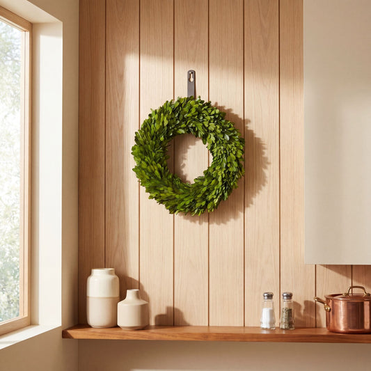 a green wreath on a wooden wall