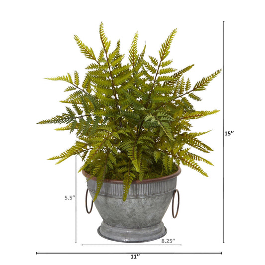 15” Fern Artificial Plant in Vintage Metal Bowl with Copper Trimming
