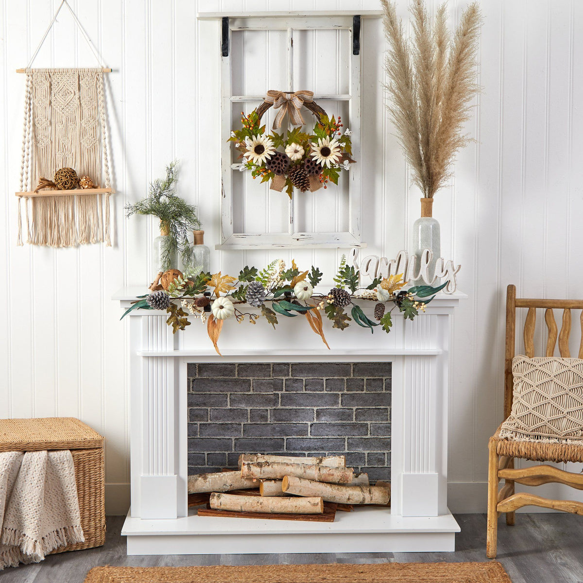 a fireplace with a wreath and chairs