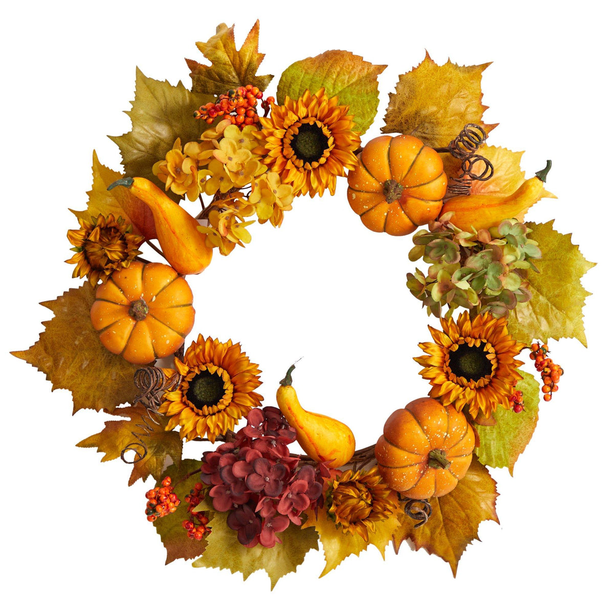 a wreath of flowers and pumpkins