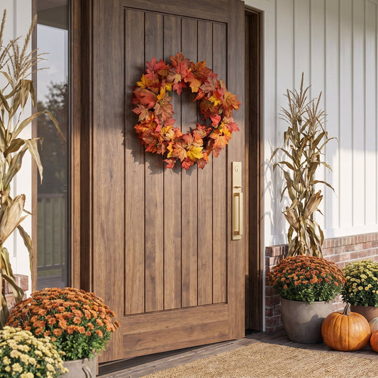 a door with a wreath and pumpkins