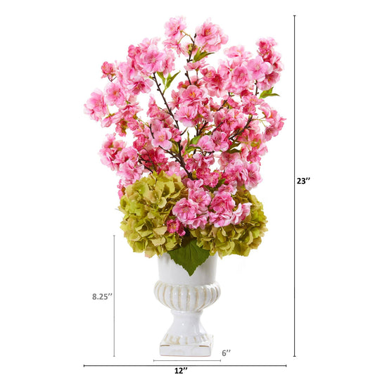 23” Hydrangea and Cherry Blossom Artificial Arrangement in White Urn
