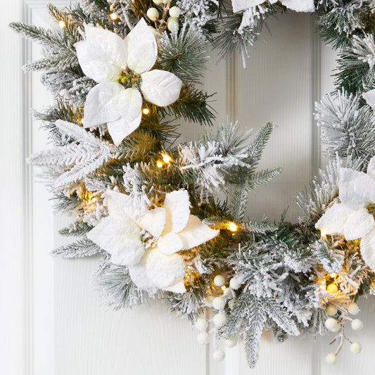24” Artificial Flocked Poinsettia and Pine Christmas Wreath with 50 Warm White LED Lights