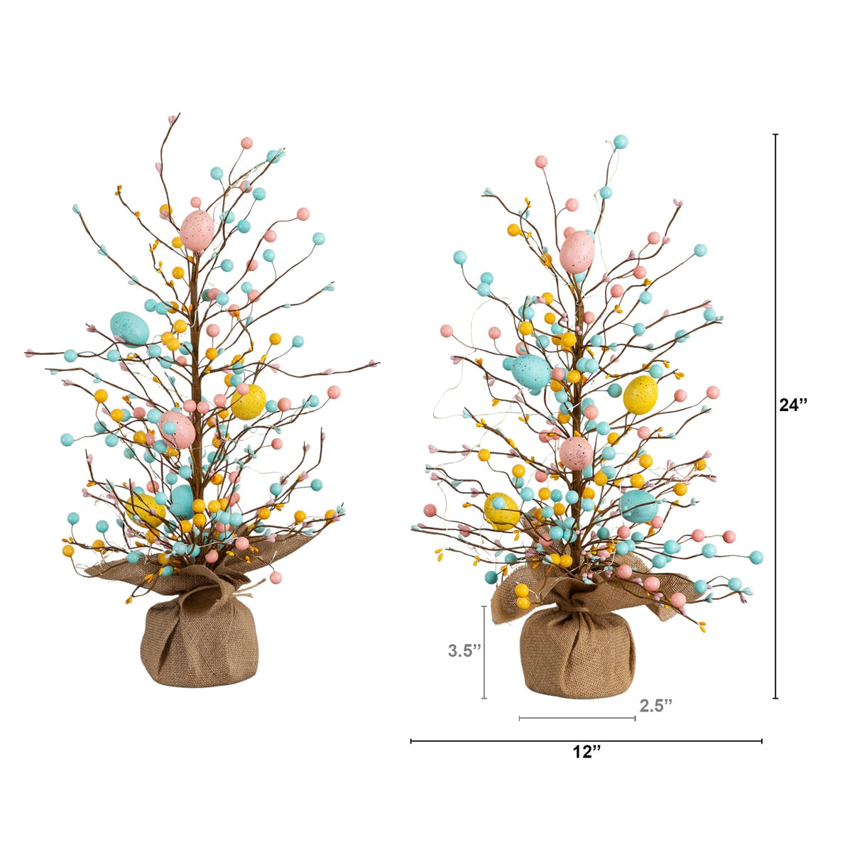 24" Pre-Lit Artificial Easter Egg Twig Tree with 30 LED Lights in Burlap Wrapped Base - Set of 2
