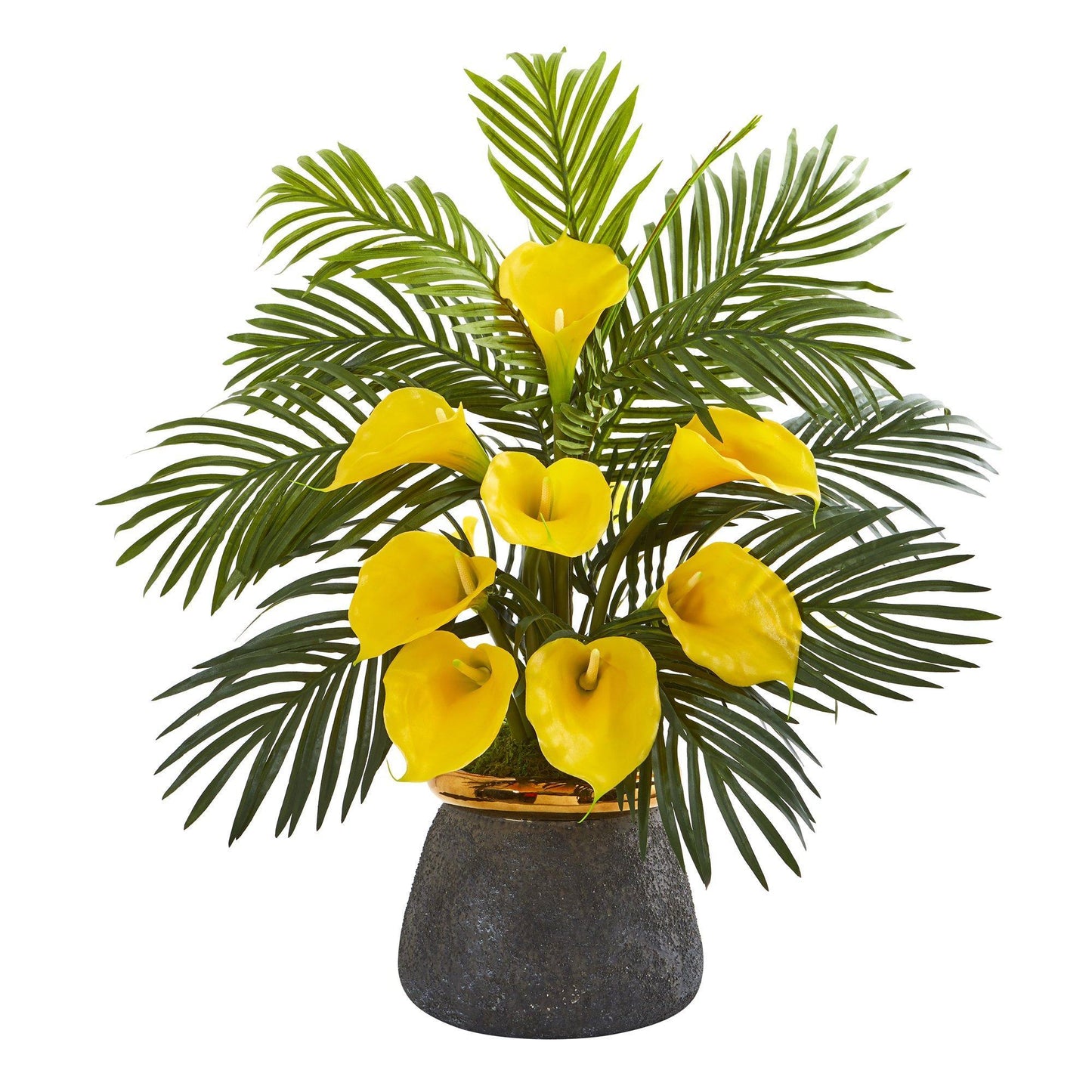 25” Calla Lilly and Areca Palm Arrangement in Stoneware Vase