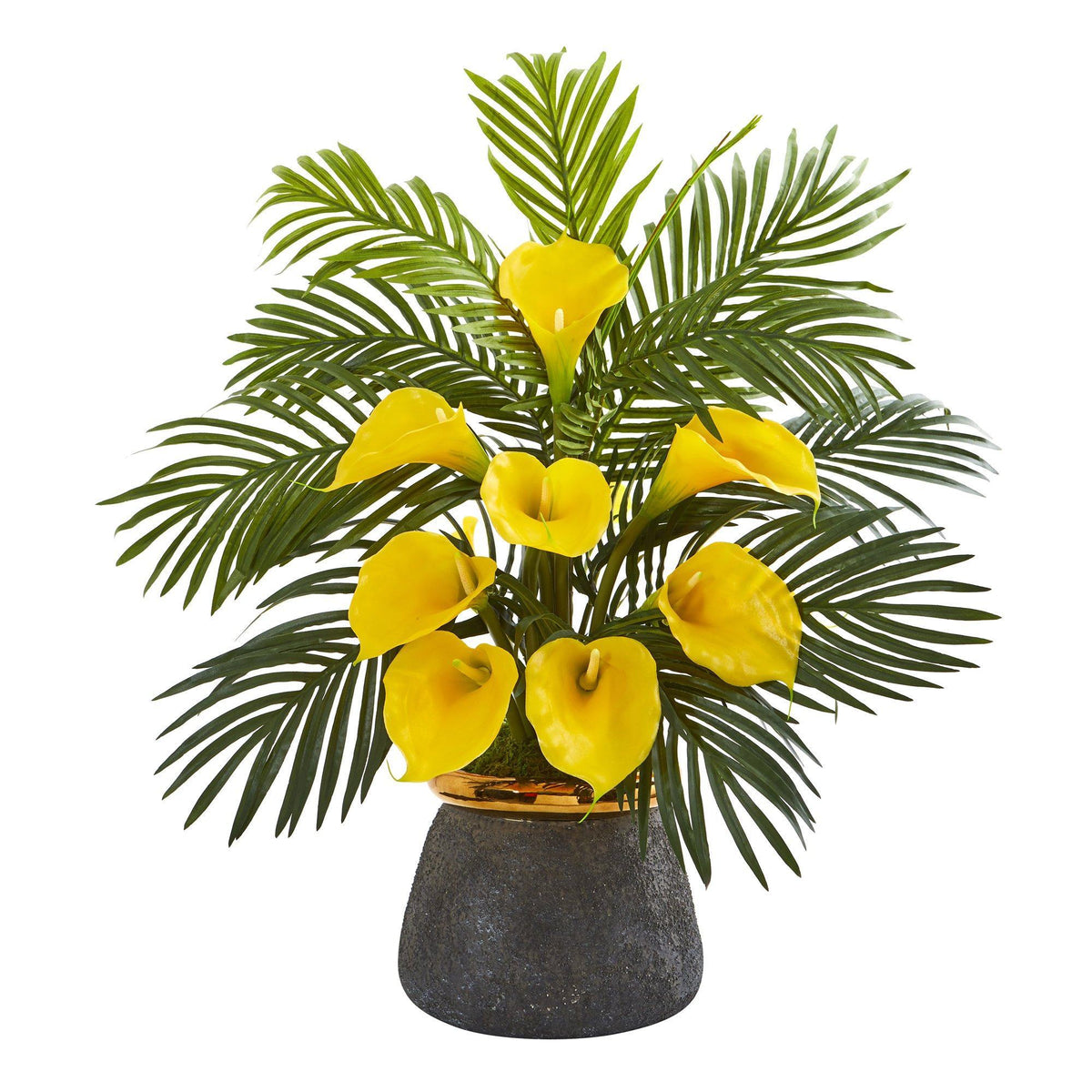 25” Calla Lilly and Areca Palm Arrangement in Stoneware Vase