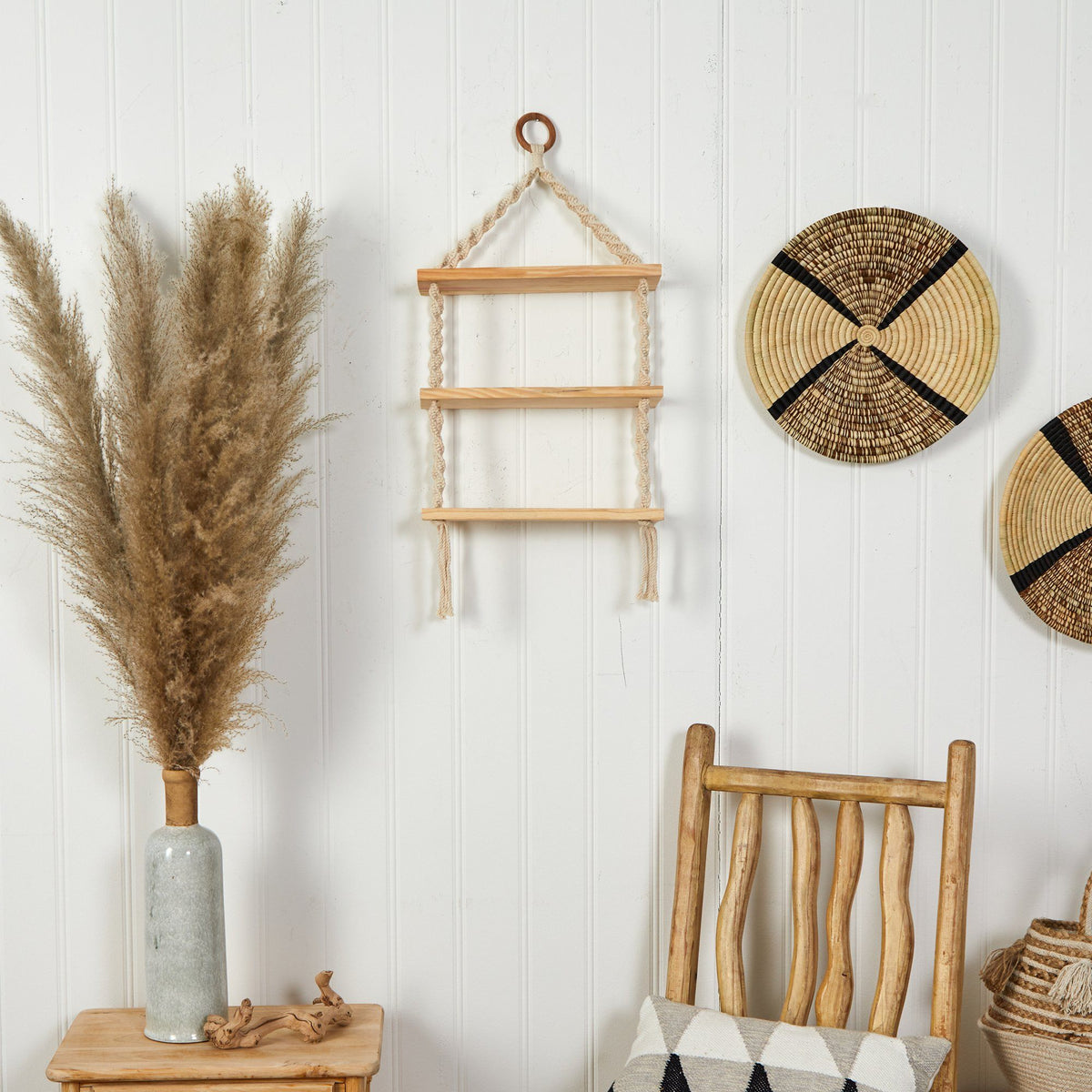 2.5’ x 1’ Three Tier Handmade Boho Macrame Wall Hanging with Wooden Shelf