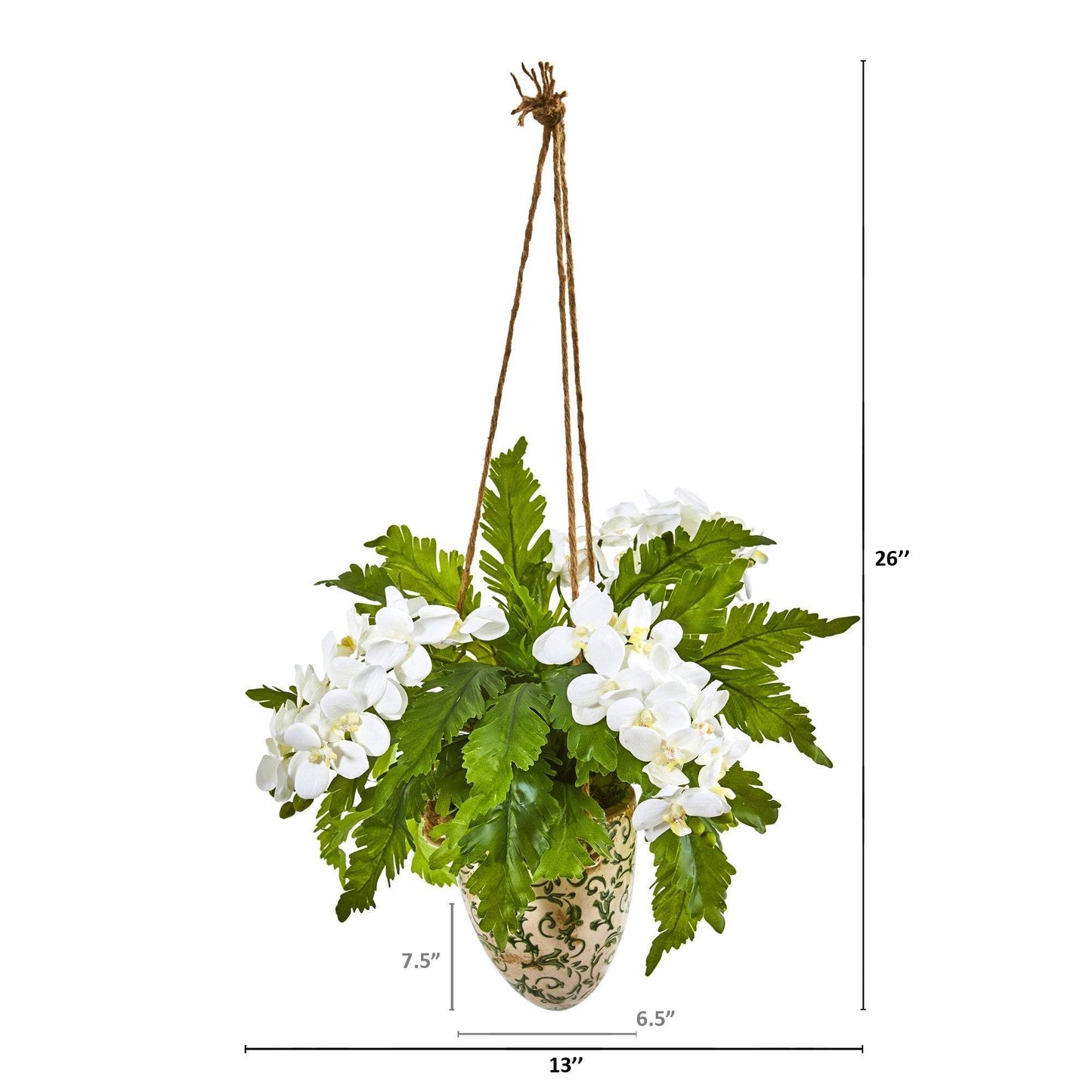 26” Phalaenopsis Orchid and Fern Plant in Hanging Vase