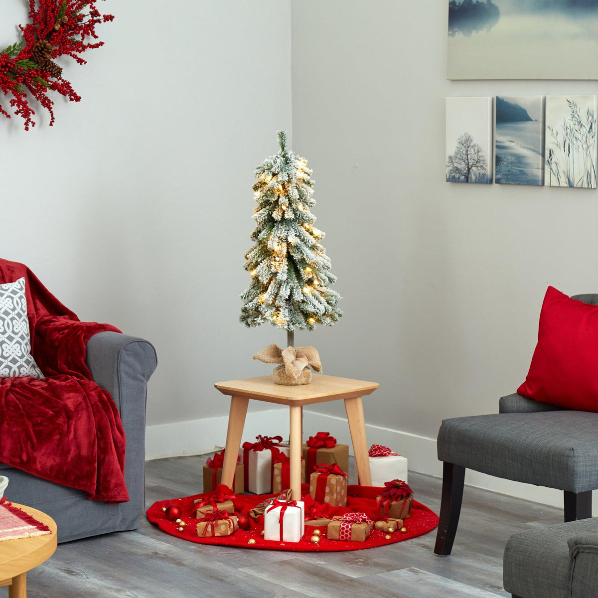3’ Flocked Alpine Artificial Christmas Tree with 50 Lights, 177 Bendable Branches and a Burlap Planter
