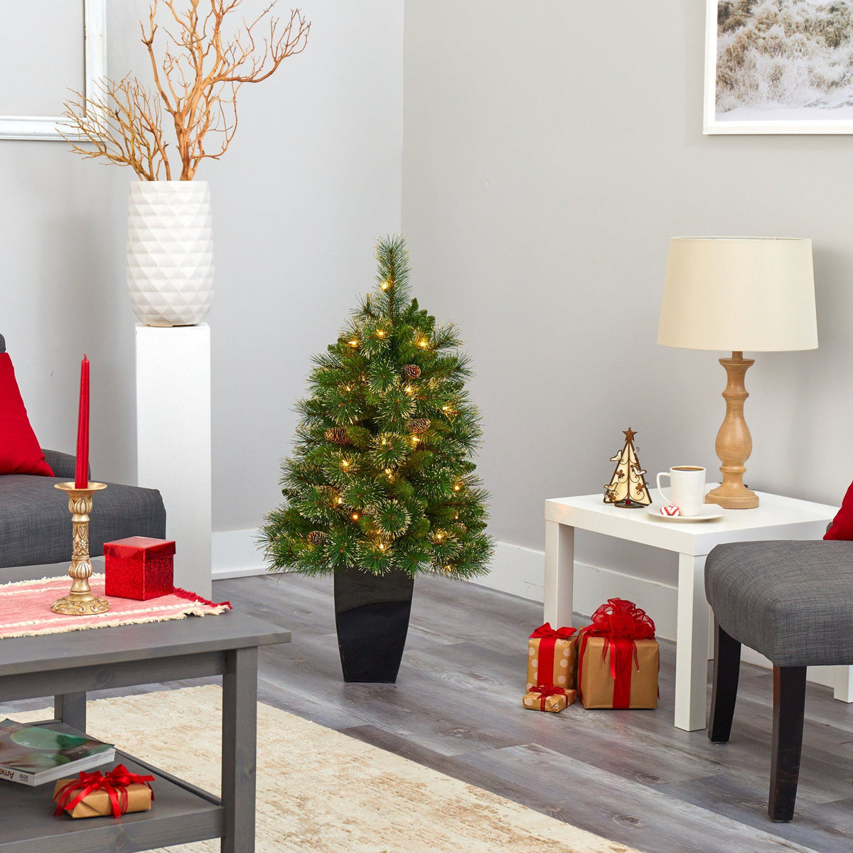 3.5’ Golden Tip Washington Pine Artificial Christmas Tree with 50 Clear Lights, Pine Cones and 148 Bendable Branches in Black Metal Planter