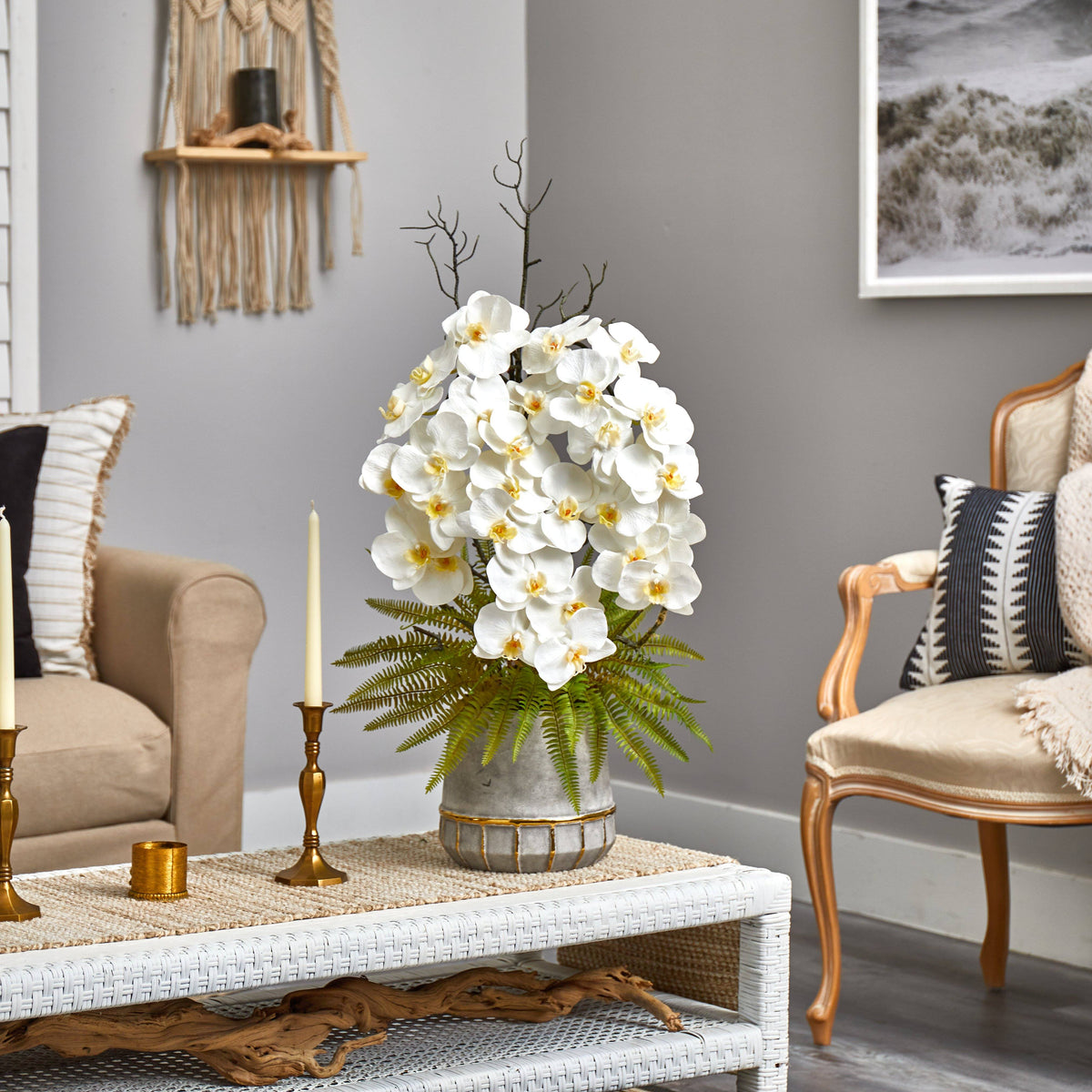 35” Phalaenopsis Orchid and Fern Artificial Arrangement in Stoneware Vase with Gold Trimming