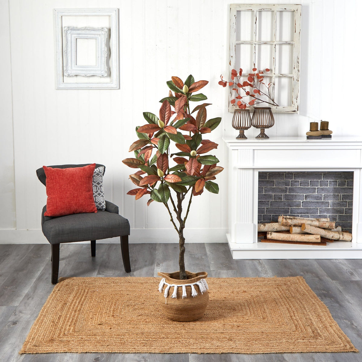 a plant in a pot in front of a fireplace