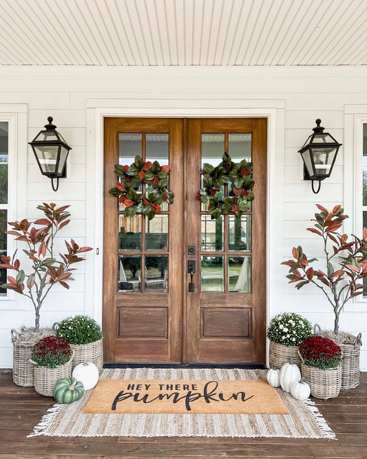 a front door of a house with plants and a doormat