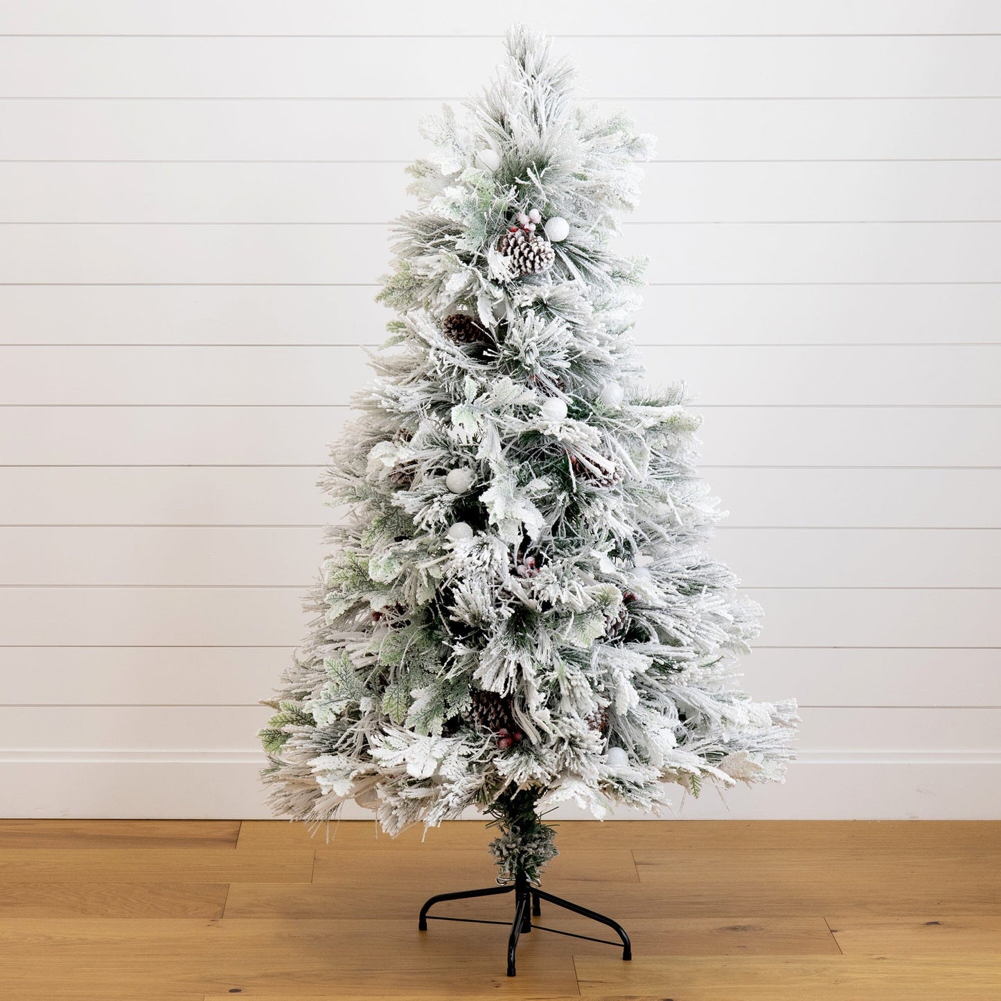 5' Flocked Pre-Lit Fiber Optic Artificial Pinecone Christmas Tree with 50 Colorful LED Lights