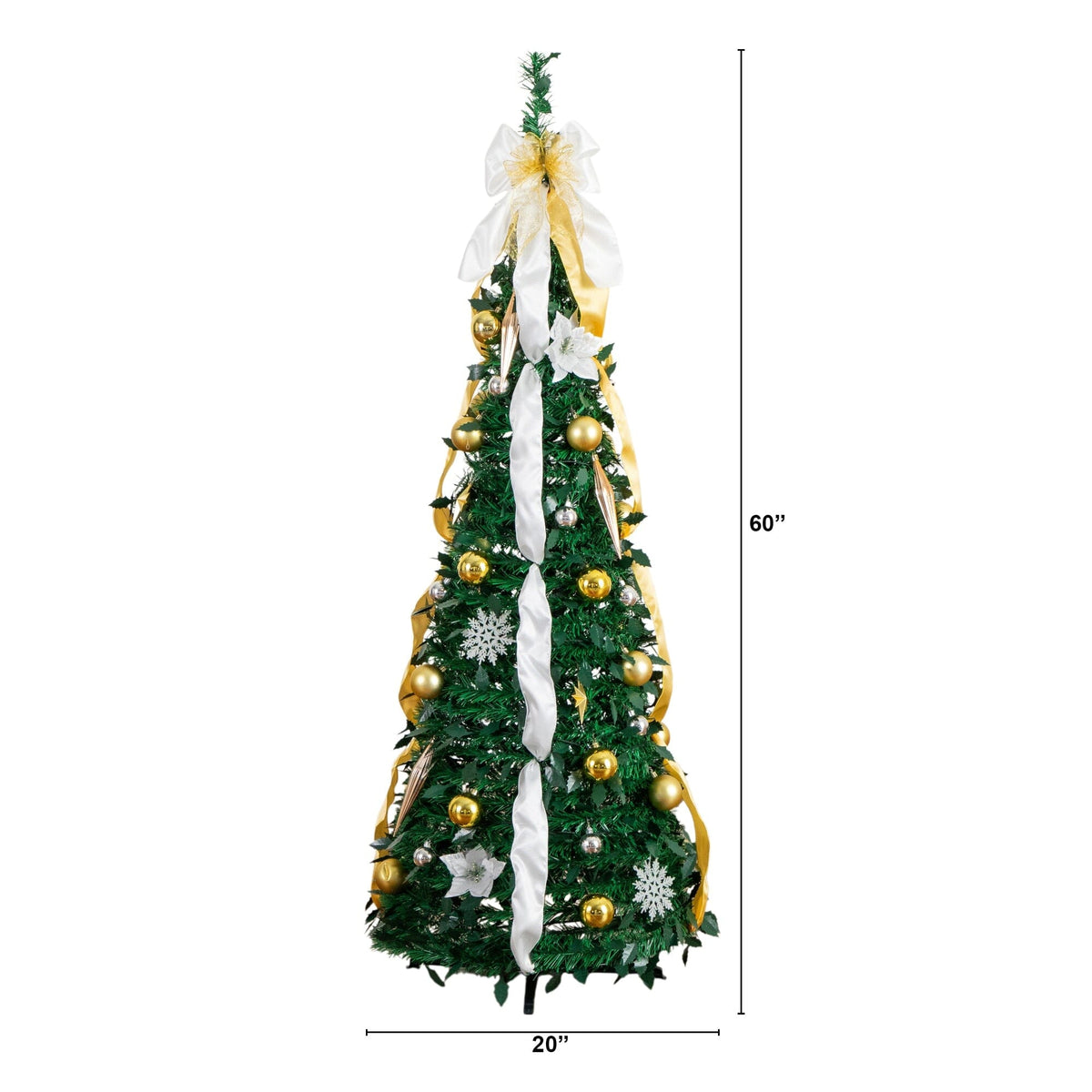 a tall christmas tree with a white ribbon and gold ornaments