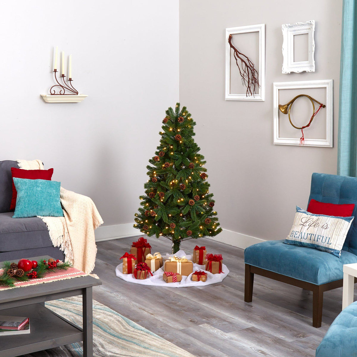 a christmas tree in a room