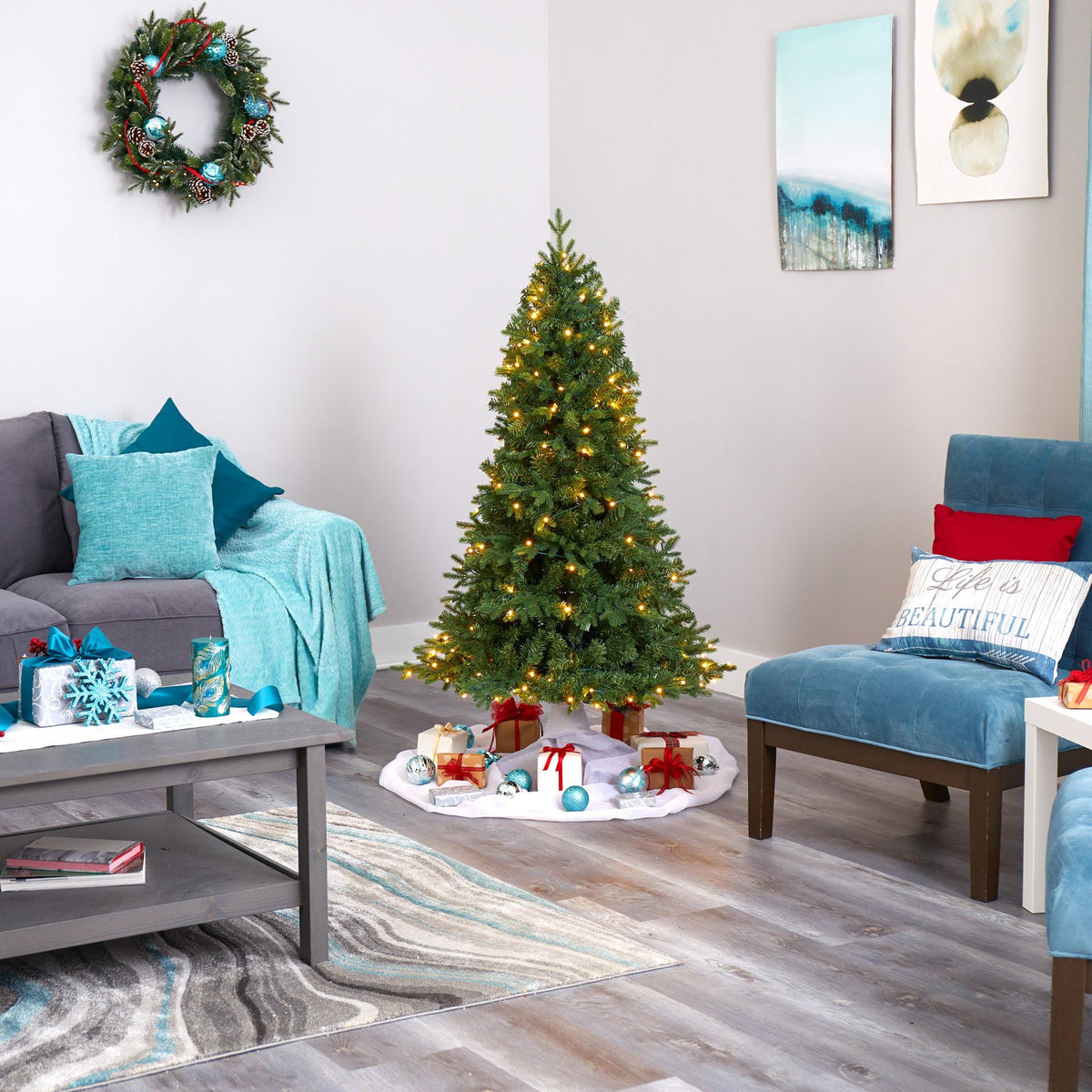 a christmas tree in a living room