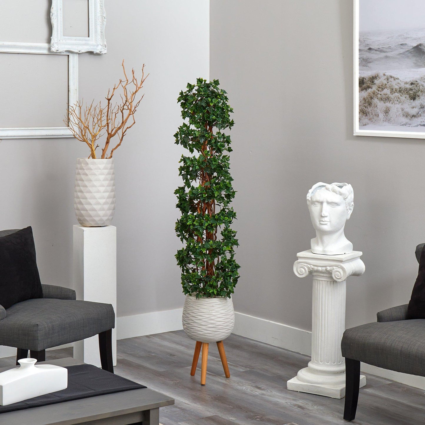 5.5’ English Ivy Topiary Spiral Artificial Tree in White Planter with Stand (Indoor/Outdoor)