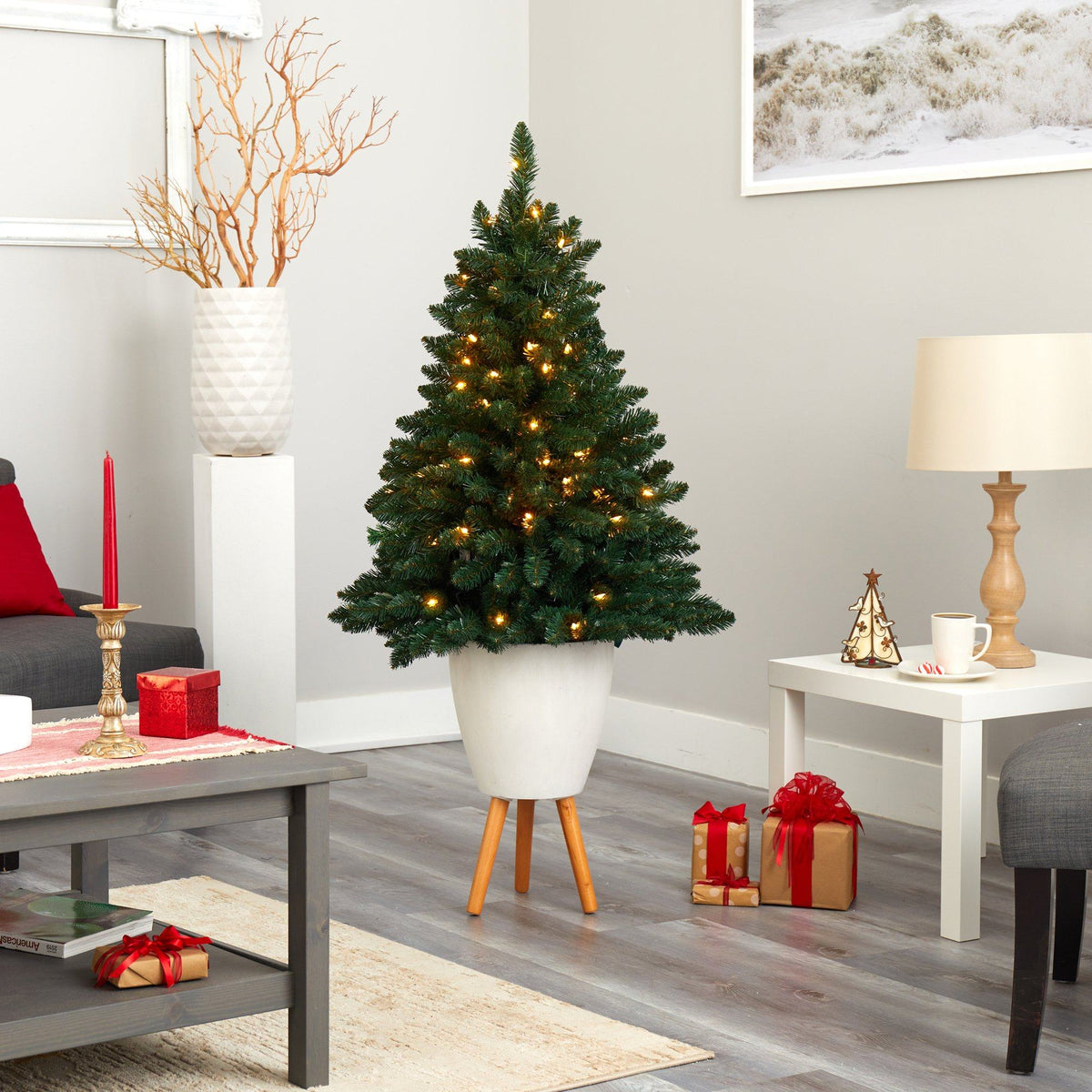 57” Northern Rocky Spruce Artificial Christmas Tree with 100 Clear Lights and 322 Bendable Branches in White Planter with Stand