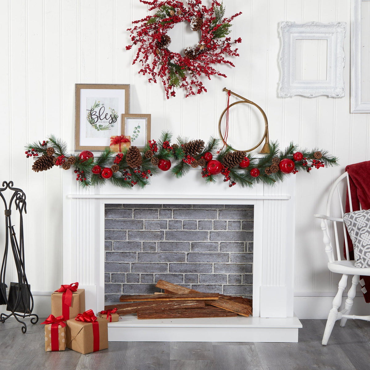 a fireplace with red and white decorations