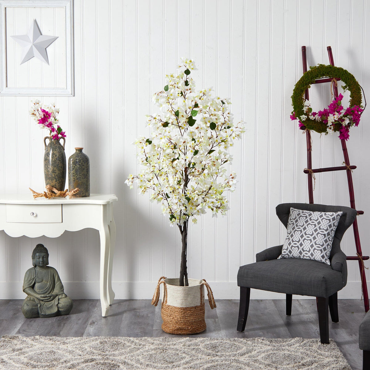 a room with a chair and a plant