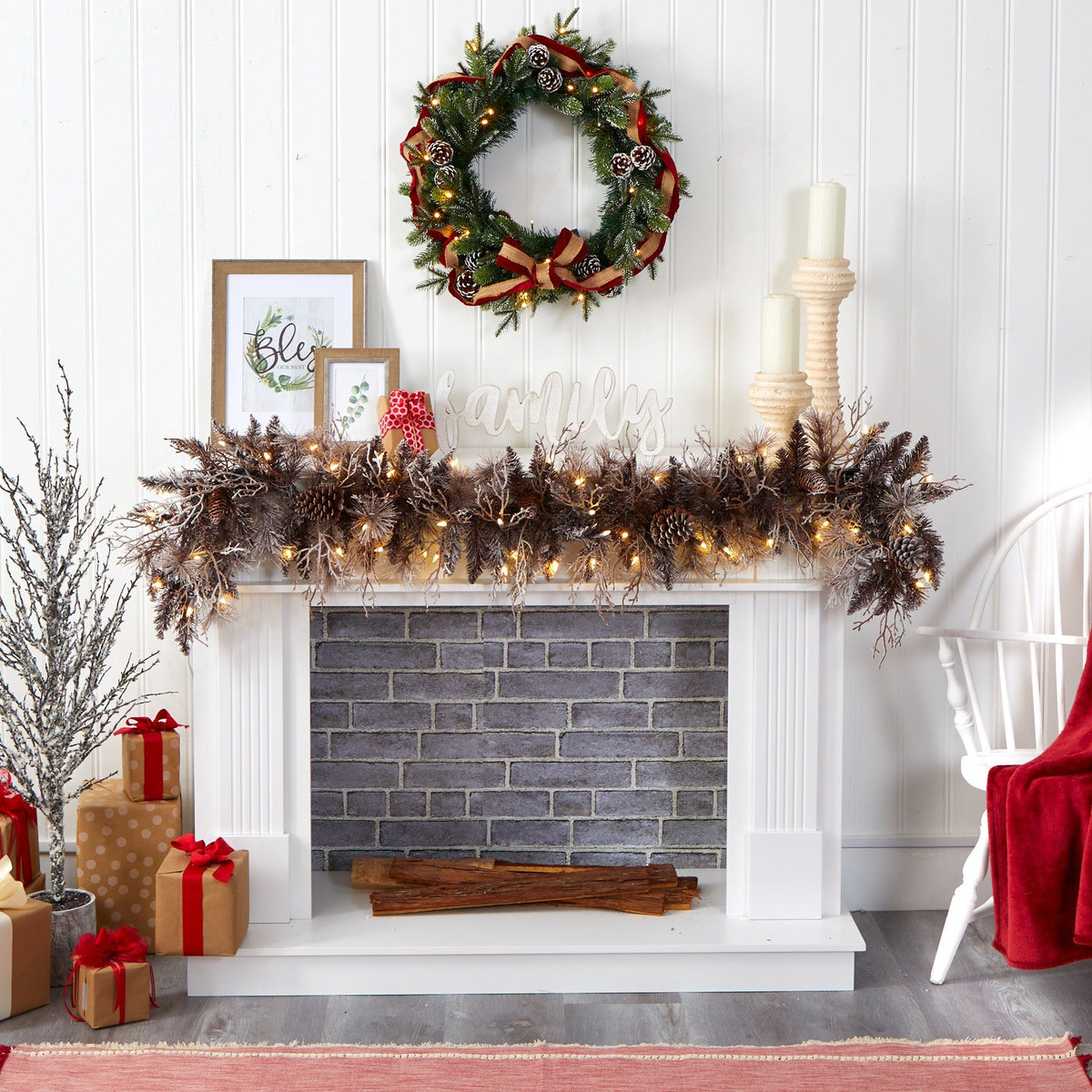 a fireplace with lights and presents