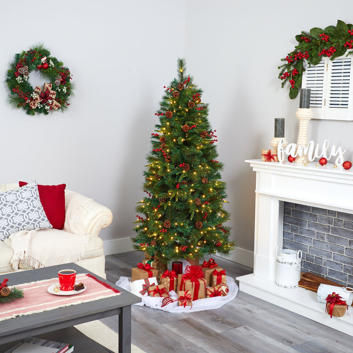 a christmas tree in a room