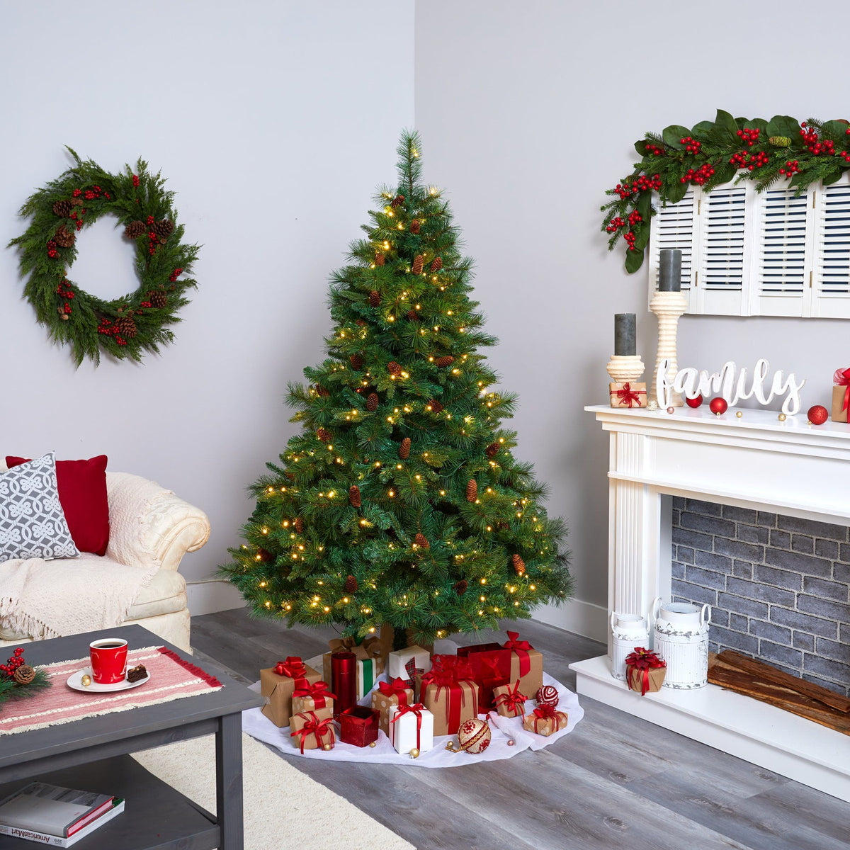 a christmas tree in a room