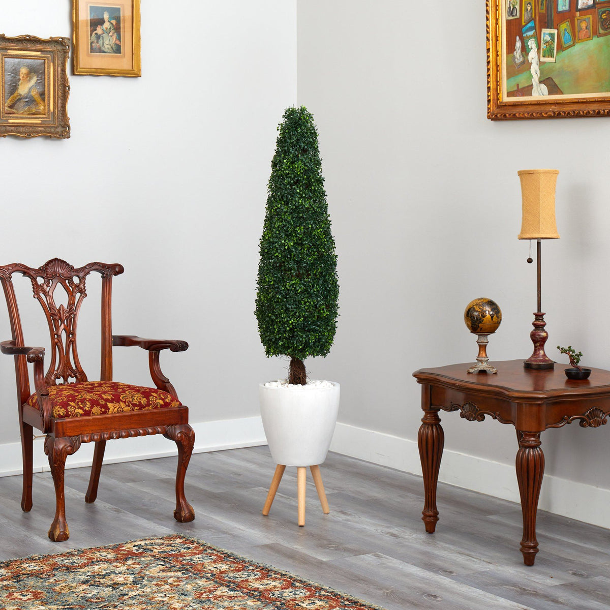 63” Boxwood Topiary Artificial Tree in White Planter with Stand (Indoor/Outdoor)