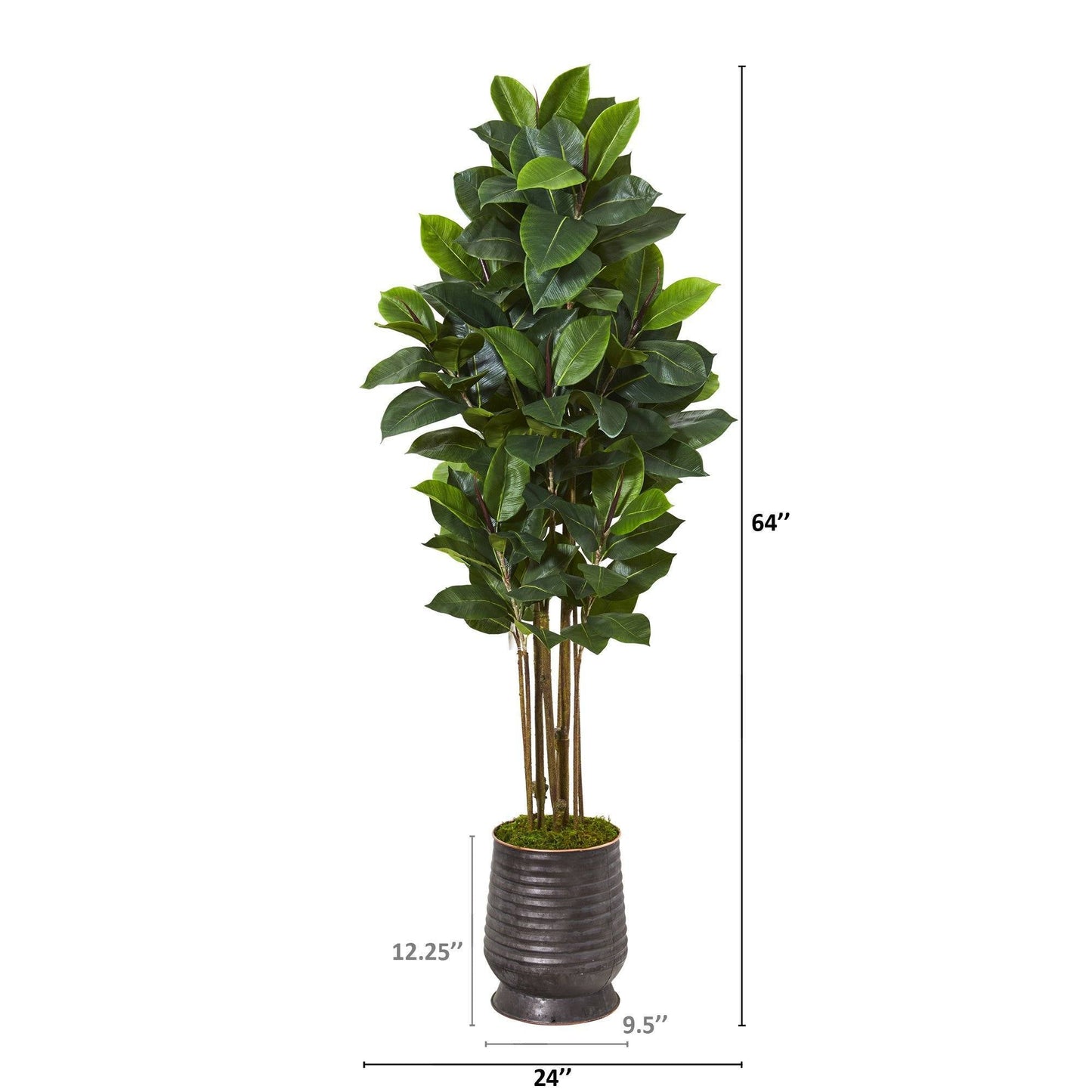 64” Rubber Leaf Artificial Tree in Ribbed Metal Planter