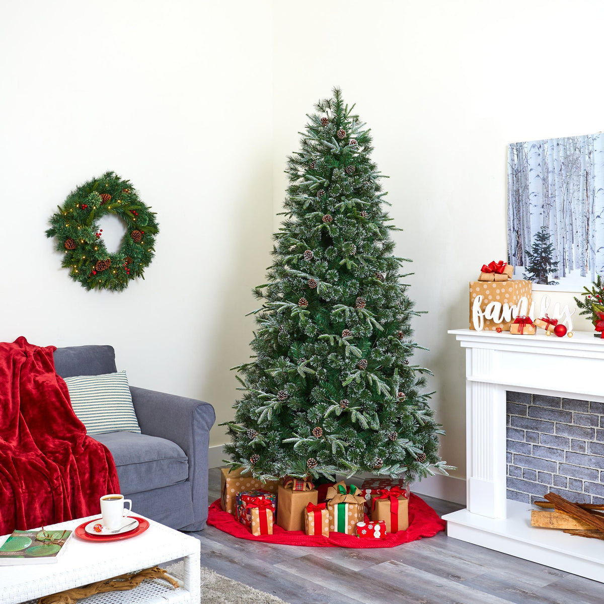 a christmas tree in a room