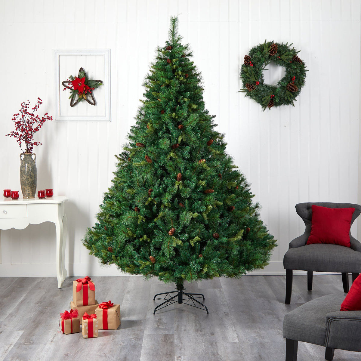 a christmas tree in a room