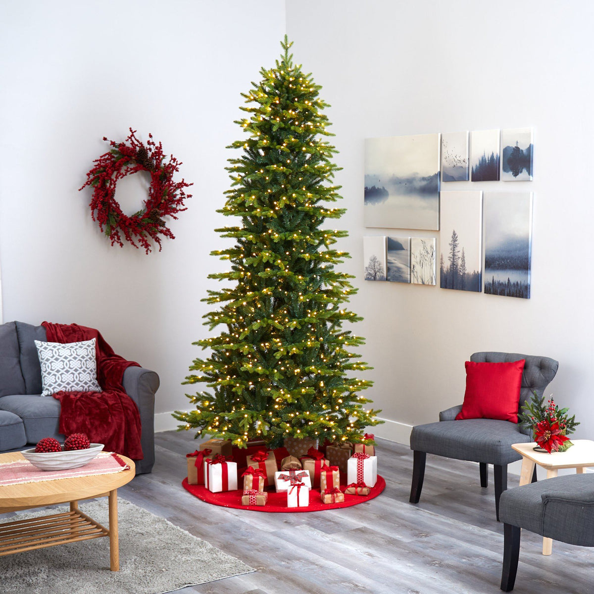 a christmas tree in a room