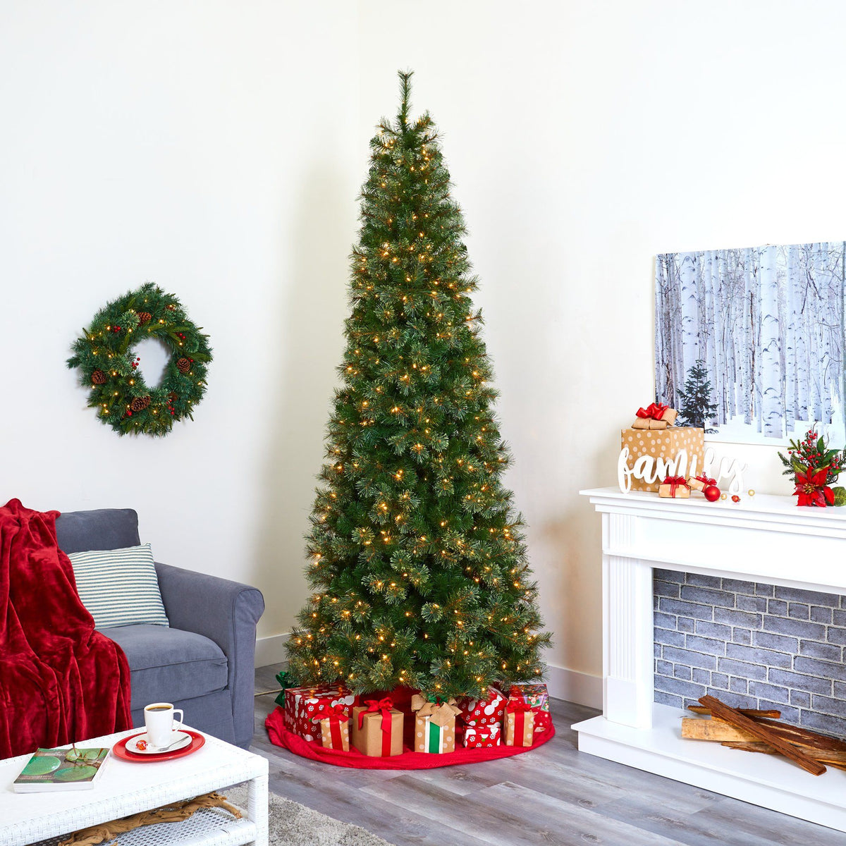 a christmas tree in a room