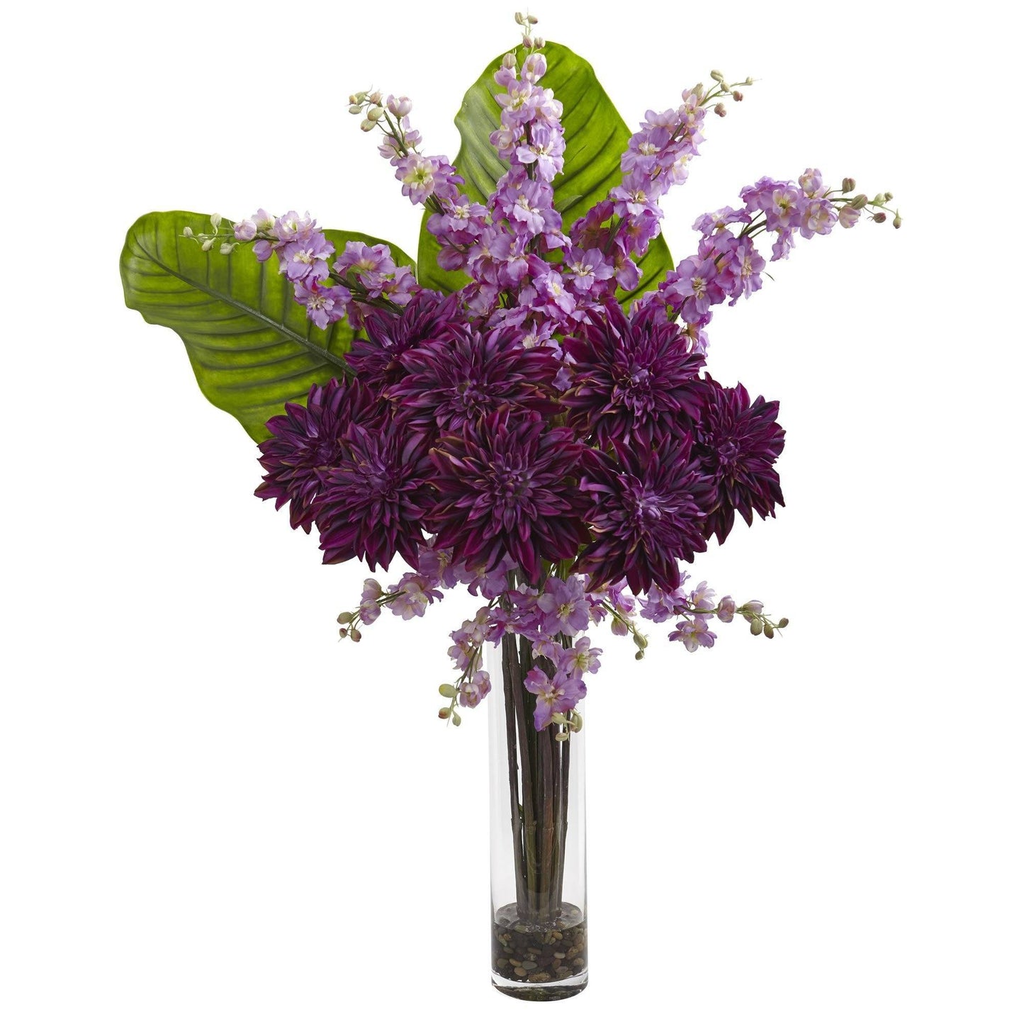 Dahlia, Delphinium, and Traveler's Palm Arrangement