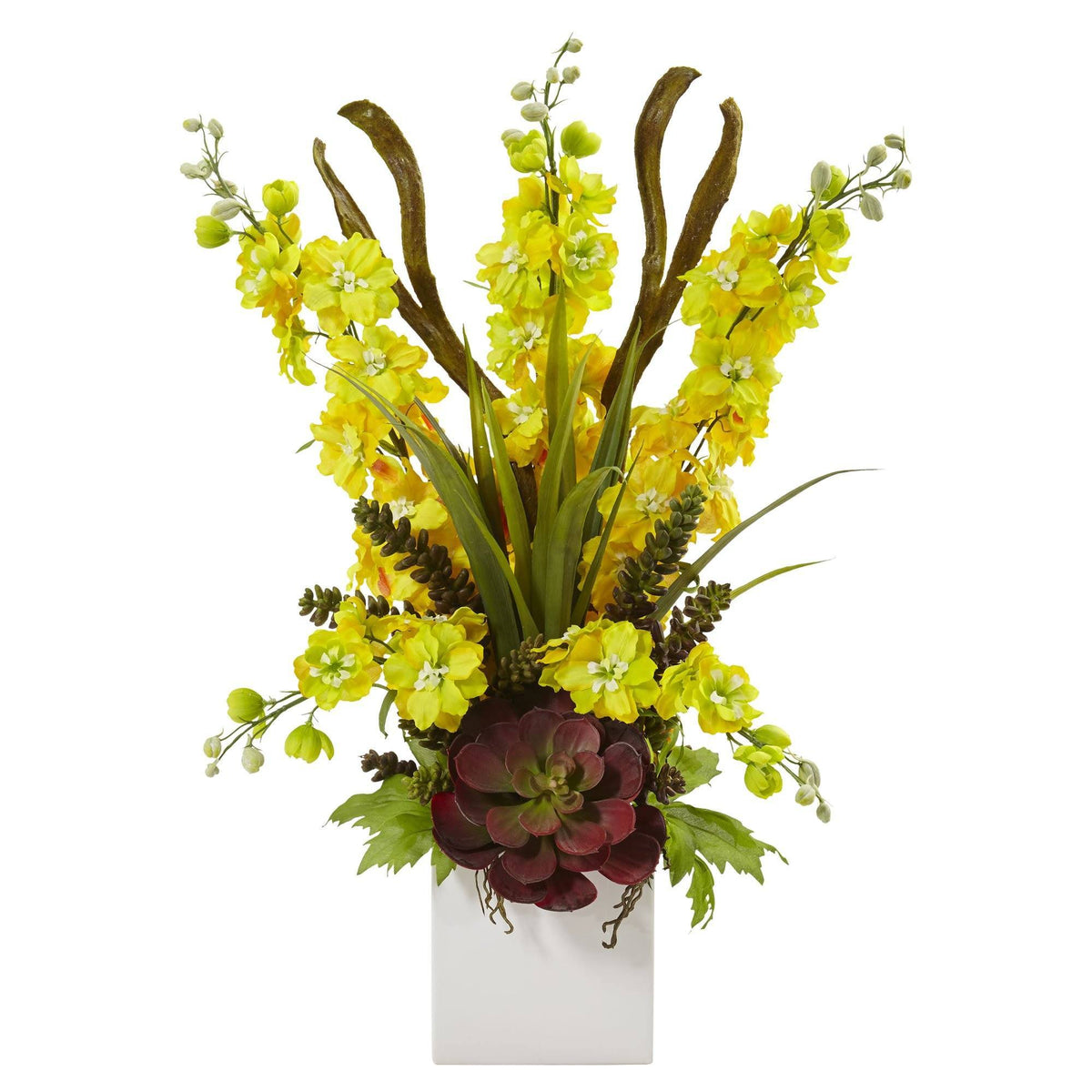 Delphinium and Succulent Arrangement