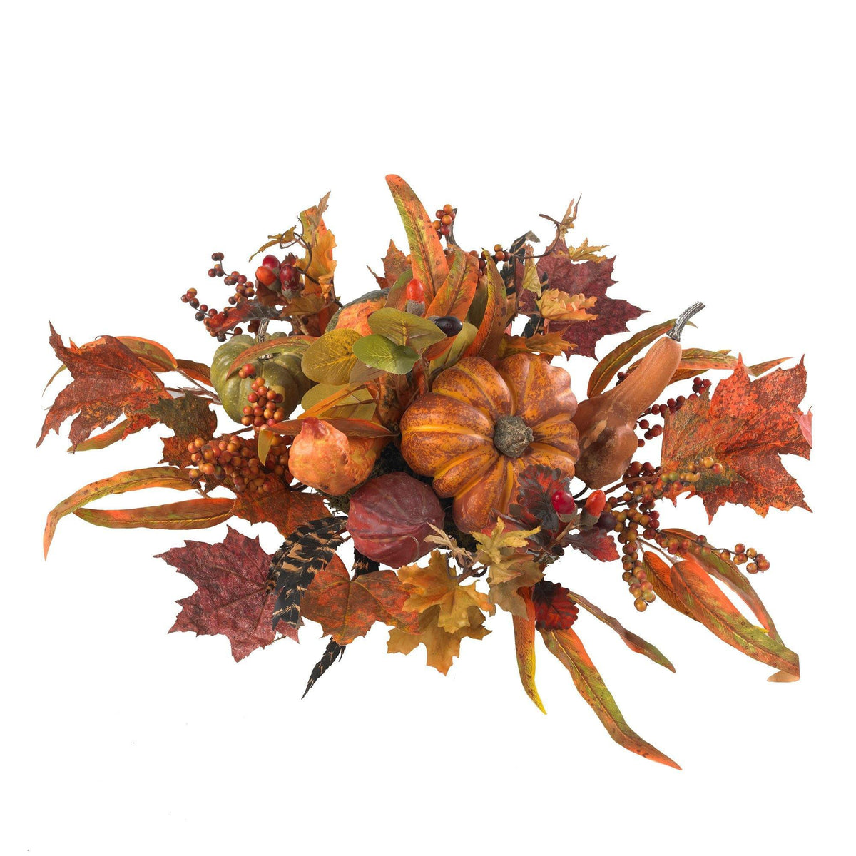 a arrangement of pumpkins and leaves