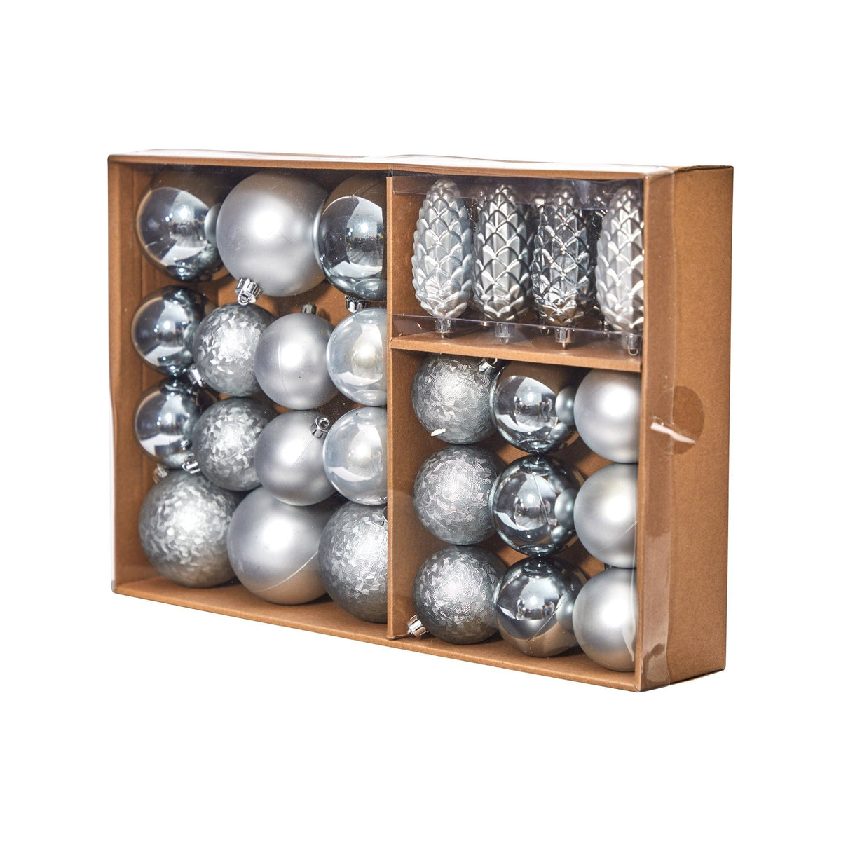 a box of silver ornaments